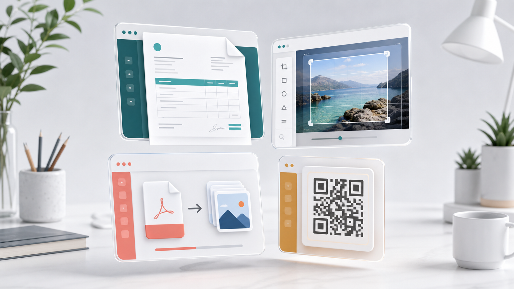 견적서, 이미지, PDF, QR 도구를 표현한 미리보기